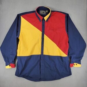 Spindle River Button Up Shirt Mens XL Blue Red Yellow Colorblock Vintage 90s